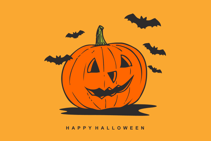 Happy Halloween graphic with a pumpkin and bats