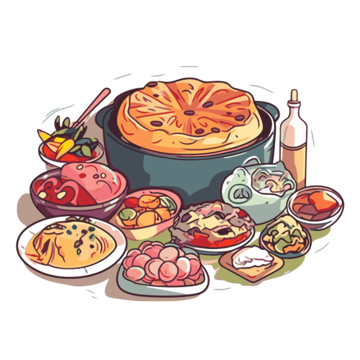 Graphic of potluck dinner foods. 