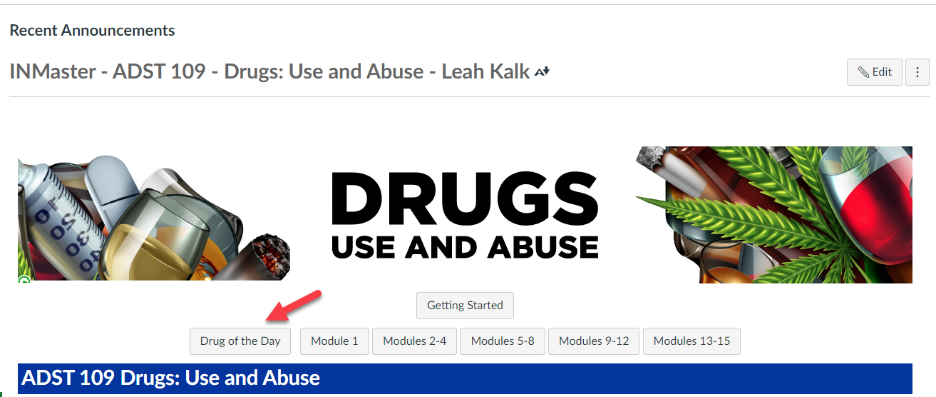 screenshot of Drugs Use and Abuse course banner