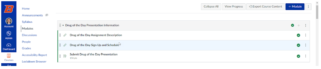 Drug of the Day Presentation Information Module Screenshot from Canvas