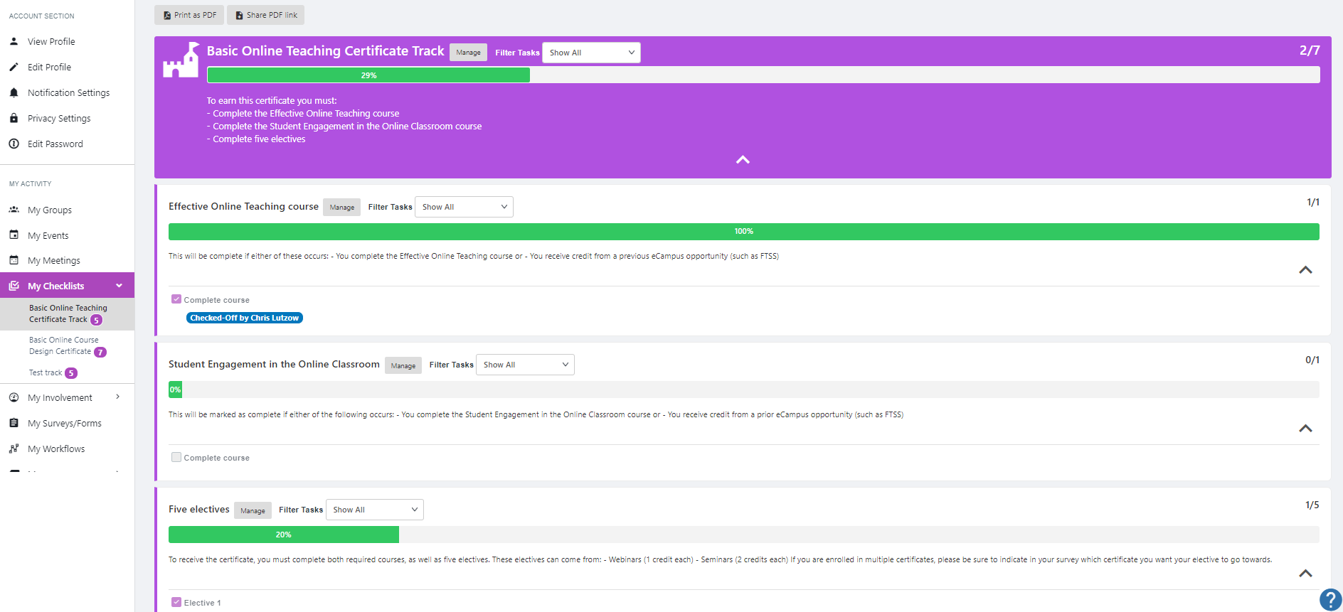 Example of a Checklist Page for Tracking Progress Towards Certificate