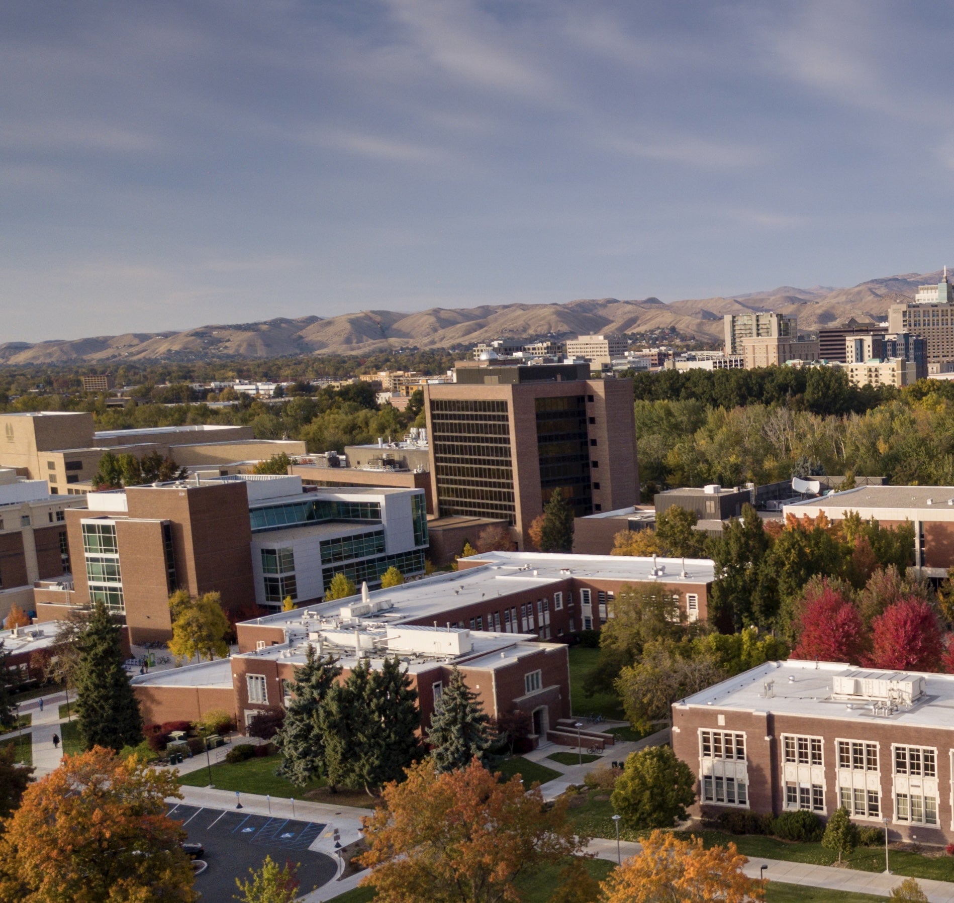 Education building and Boise city from aerial view