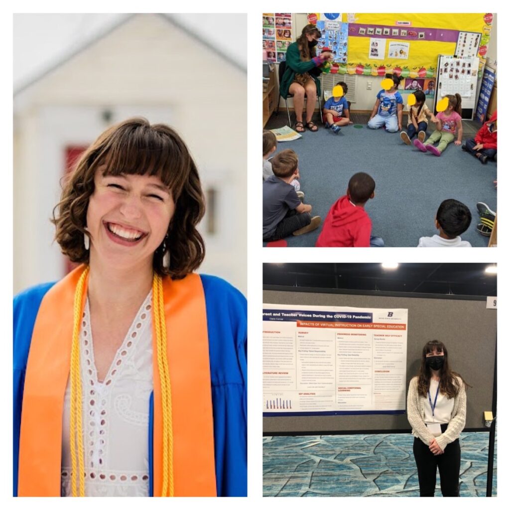 Photo of Claire Conner, left, teaching in a classroom top right, standing with a research poster, bottom right