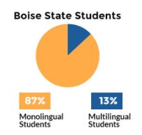 Pie graph of approximate percentage of BSU students that are monolingual 87% and multilingual 13%