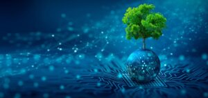 a small, vibrant green tree growing out of a globe that is resting on a circuit board