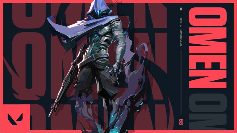 Omen, a character from Valorant, wearing a dark, futuristic outfit with a hood and mask. Omen holds a rifle and exudes a shadowy, mysterious aura.