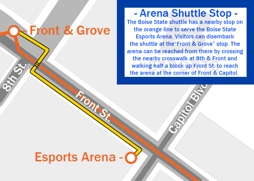 Map showing the route from the 'Front & Grove' shuttle stop to Boise State Esports Arena, highlighting streets and landmarks.