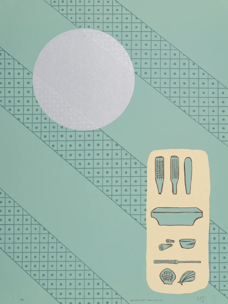 artwork that features a moon or celestial orb with the tools of making fabric and paper 