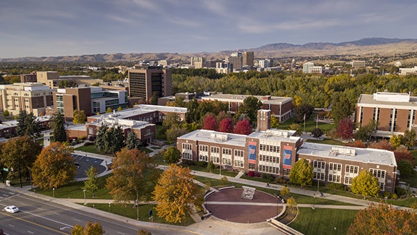 Campus aerial, B and city, Matt Crook photo.