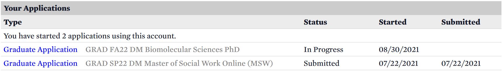 screenshot, Select an application to view. Example, Graduate Application with an In Progress Status