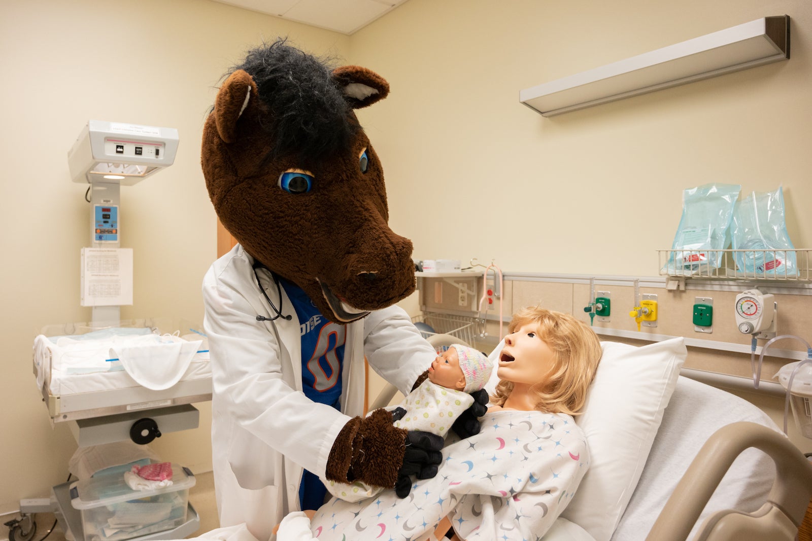 School of Nursing marketing shoot, Norco building, Buster Bronco, photo Patrick Sweeney