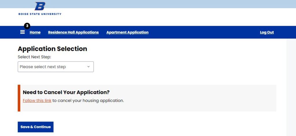 screenshot of application selection page