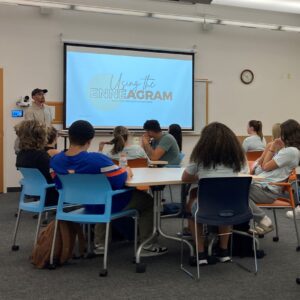 Students sitting in a classroom listening to a presentation