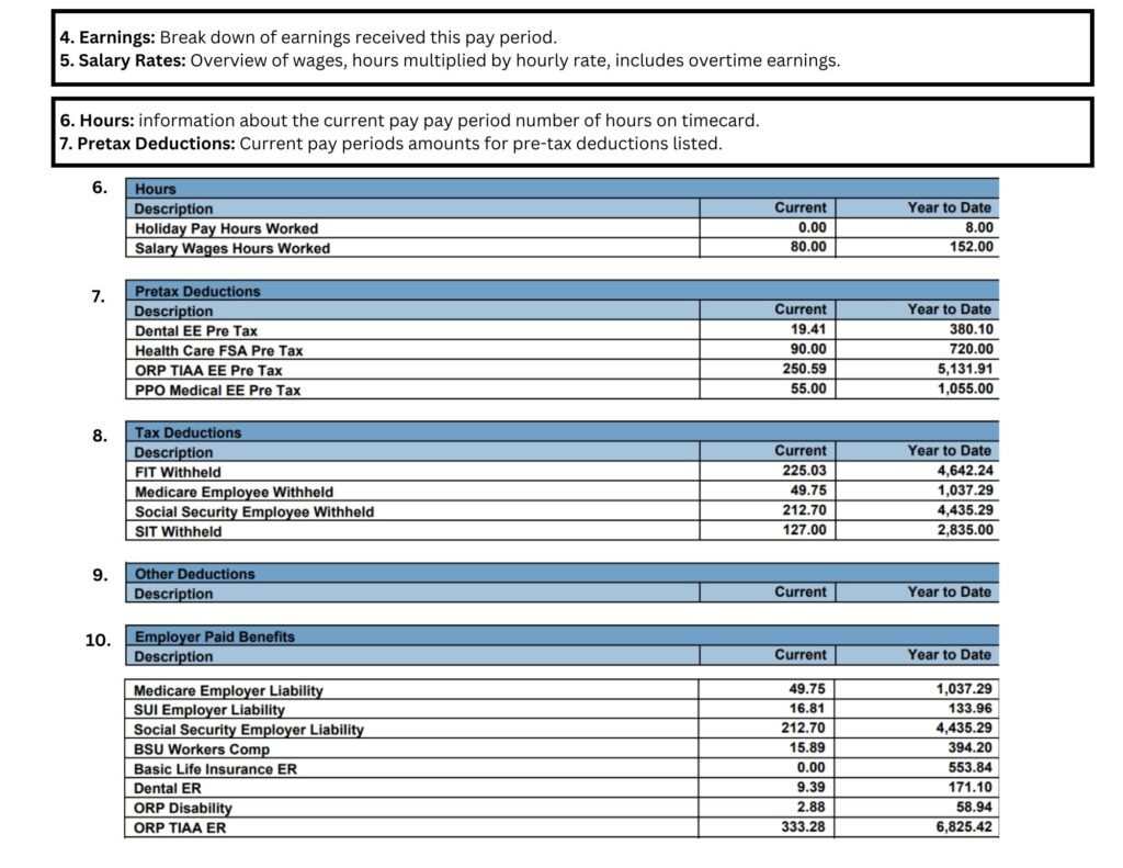 Sections 6 through 10 of a payslip.