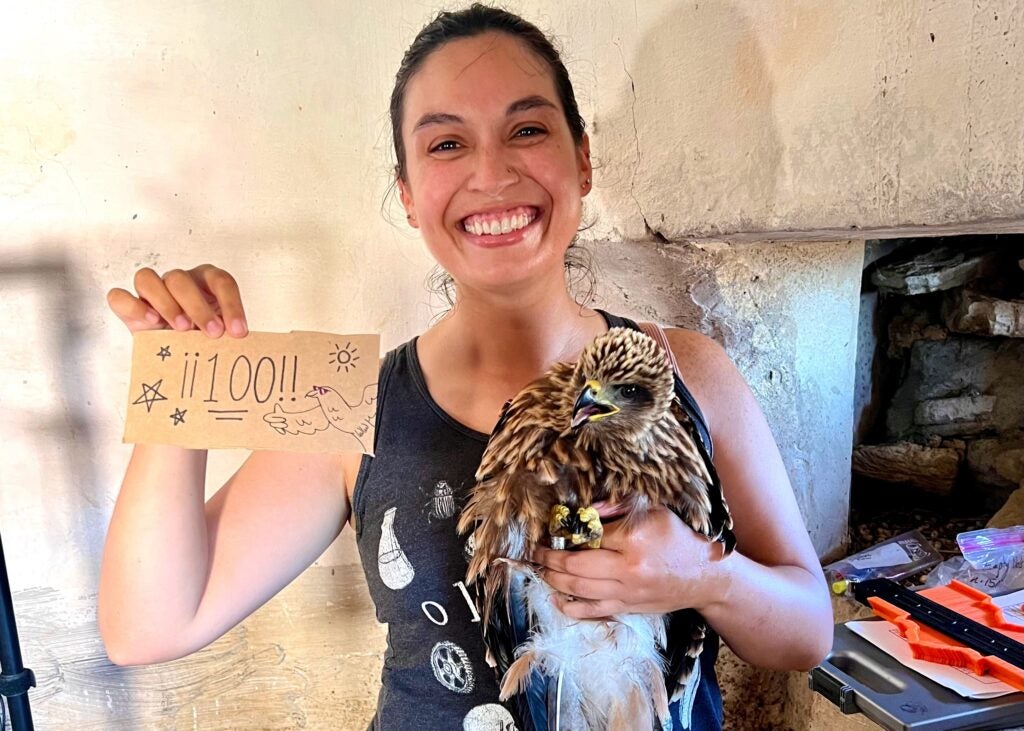 Amethyst stands with a huge grin on her face, her dark hair pulled back in a ponytail. In one hand she's holding a brown and black flecked hawk, and in the other she's holding a small piece of cardboard with hand written "100" and a cartoonish drawing of a hawk wearing sunglasses. She's wearing a shirt from the Ologies podcast