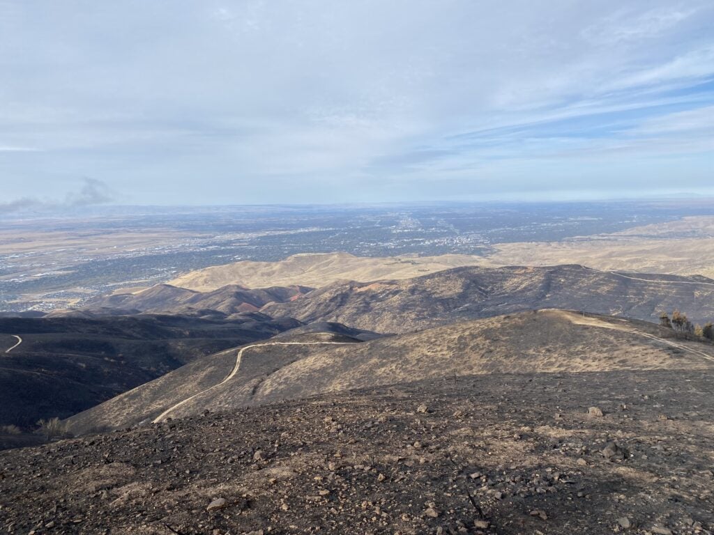 almost the entire picture is taken up by blackened hills with no vegetation. The Treasure Valley is in the background in the distance. The spot where our hawk blind was is just a bare brown patch of dirt