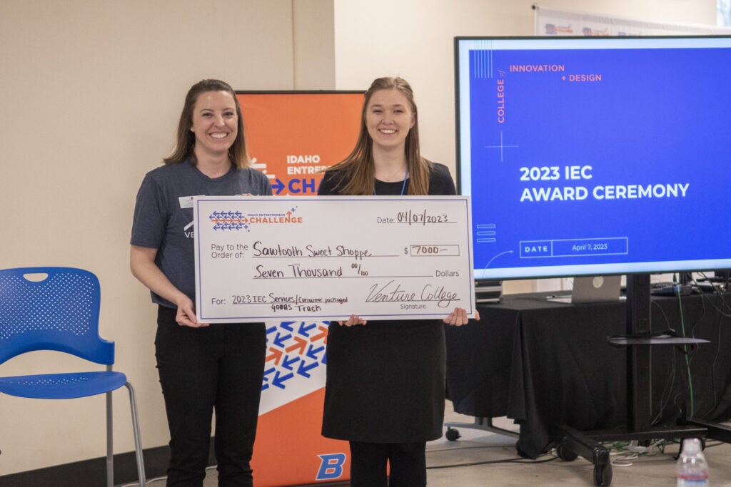 Kalyssa Safley, Founder of Sawtooth Sweet Shoppe, and Cara Van Sant, Venture College Director, posing with prize award