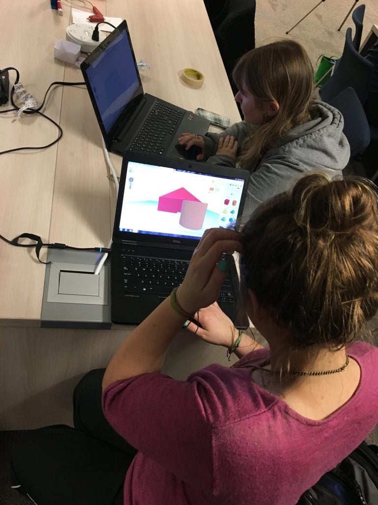 students work together at laptops