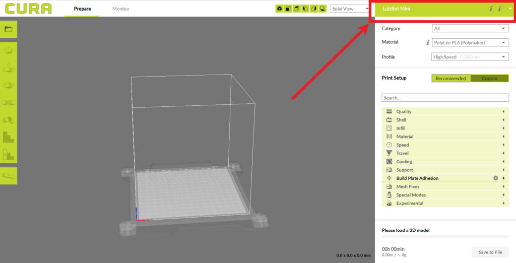 In the Cura application, the printer selection drop down box in the top right corner.
