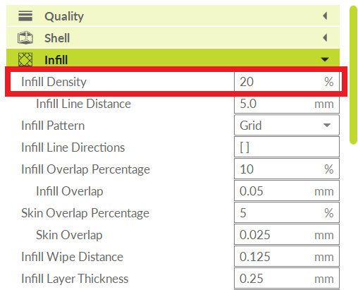infill density highlighted with rectangle