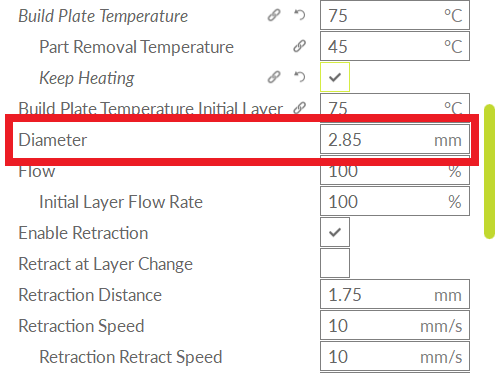Material dropdown list with diameter highlighted