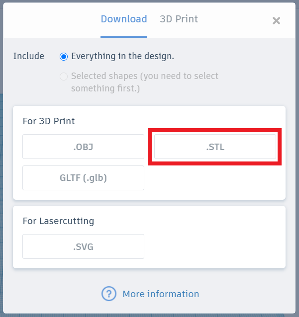 Export options window with .STL button highlighted in download tab