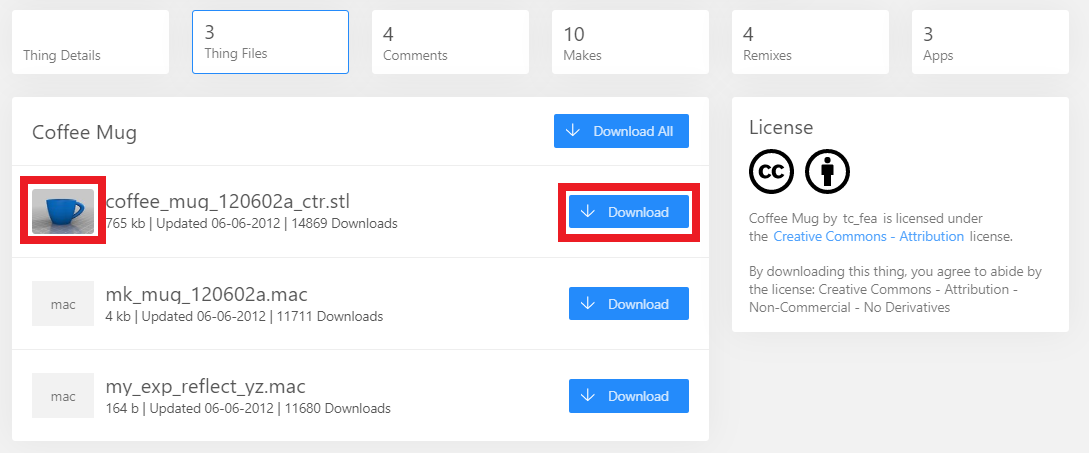 Download tab highlighted within coffee mug thing files tab