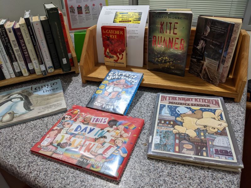 Book display of books laid out on countertop as well as shelved ones.