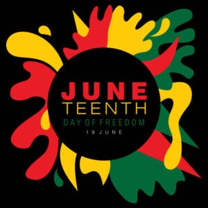 Juneteenth simple typography on a splash of abstract designs in national colors