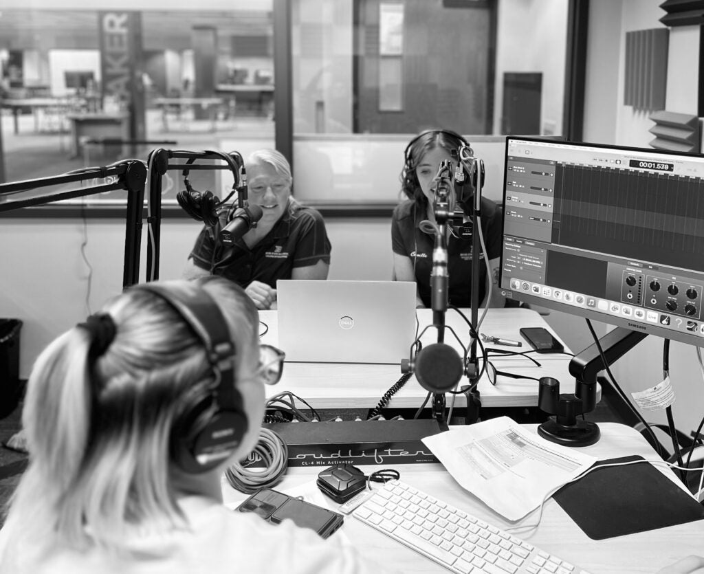 Dr. Amy Moll and IMER Program Manager Camille Platts-McPharlin in a recording room