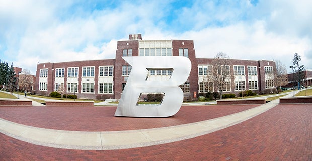 Photo of the Steel 'B' in front of the Admin Building