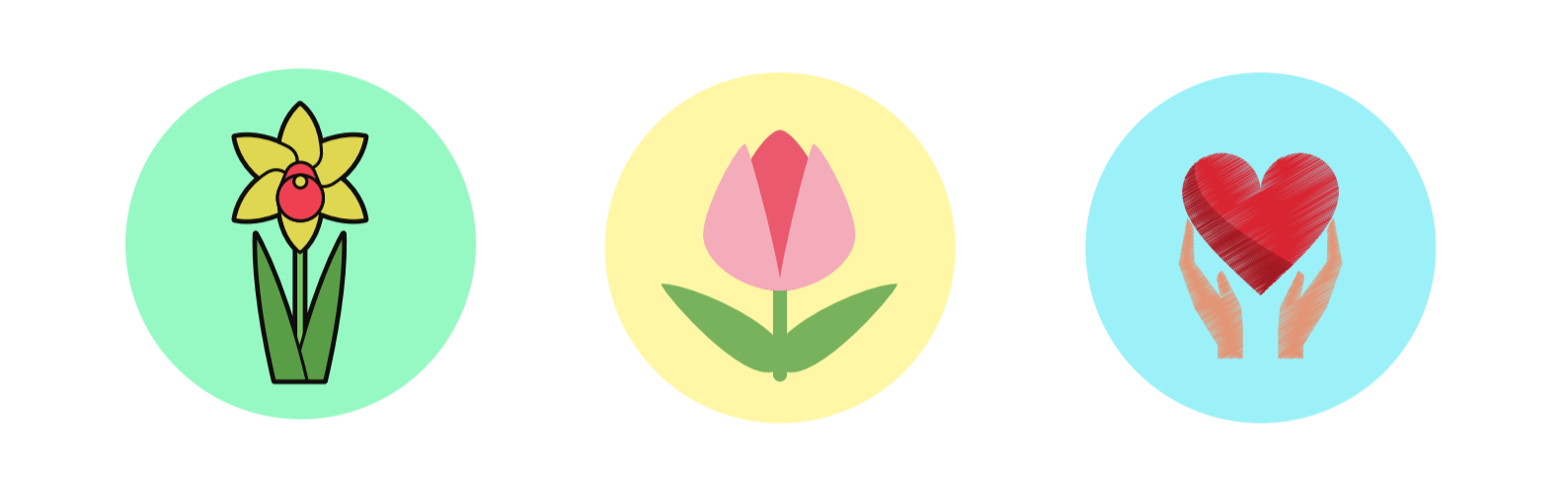 Three circles with floral and heart graphics.