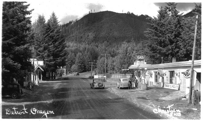 A black and white picture of detroit oregon's downtown.