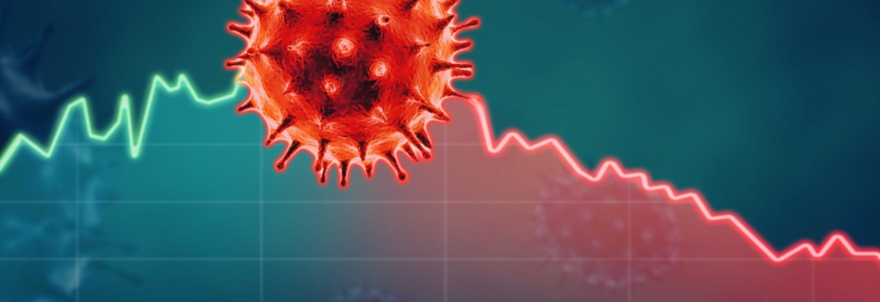 A large red virus particle, resembling the COVID-19 virus, is superimposed over a graph.