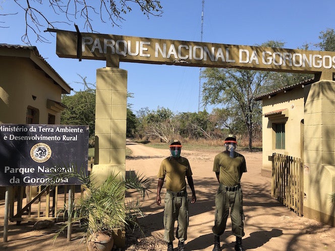 Rangers at Gorongosa wearing Boise State-made face shields