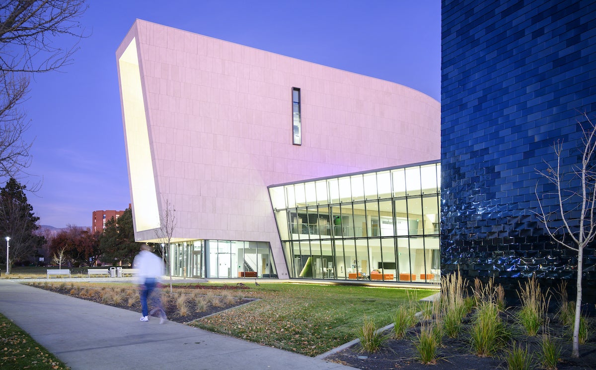 Center for Visual Arts, building at twilight.