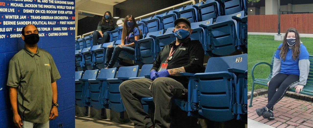 A collage of social distancing measures for the arena. 