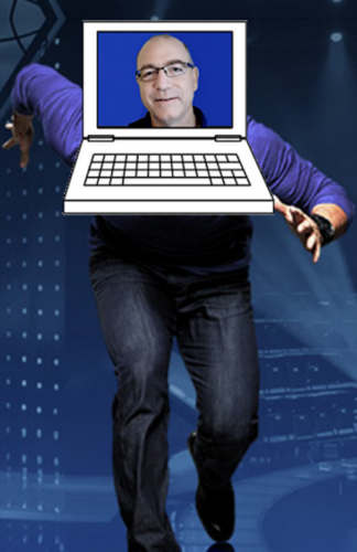 man's computer head on body