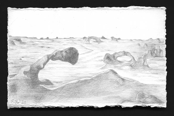 Pencil sketch of a surreal desert landscape with unique rock formations, including arches and abstract shapes. The artwork intrigues with its imaginative, otherworldly vibe.