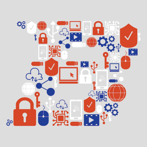Boise State B made up of a variety of cybersecurity and technology related icons