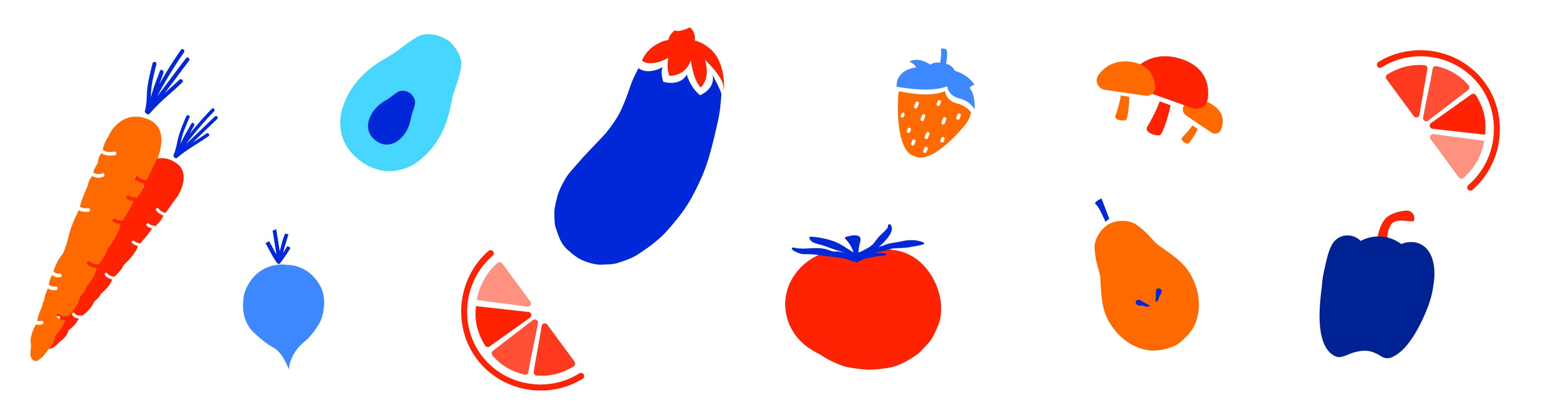 Various fruits and vegetables in blue and orange.