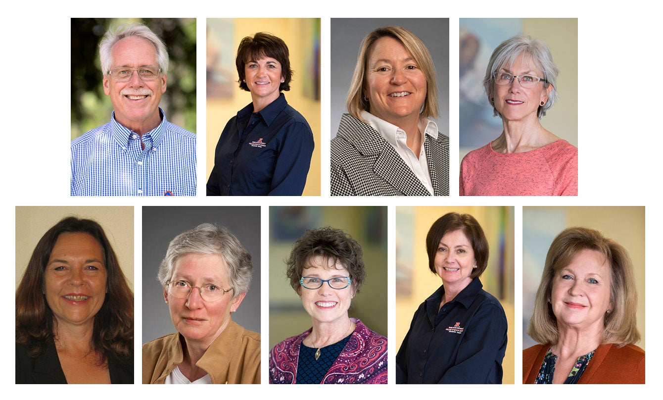 College of Health Sciences Retirees: Top row, left to right: Lonny Ashworth, Becky Bunderson, Cynthia Sanders, Karen Godard. Bottom row, left to right: Sonja Enger, Janet Reis, Nancy Loftus, Kim Copeland, Kathy Anderson