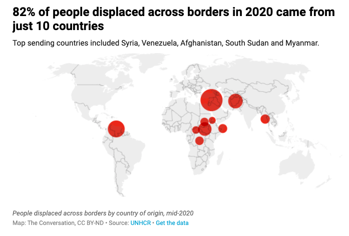 Map illustrating displaced populations across the globe.