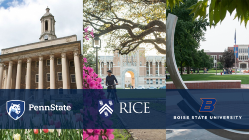Penn State, Rice University, and Boise State campus picture collage.
