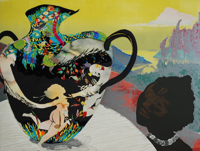 A vibrant painting of a patterned vase with abstract shapes and figures. The backdrop displays a surreal landscape, including mountains, trees, and the silhouette of a person, creating a dreamlike ambiance.