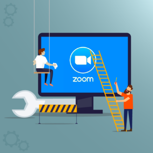 Zoom logo with a wrench and person on ladder performing upgrades