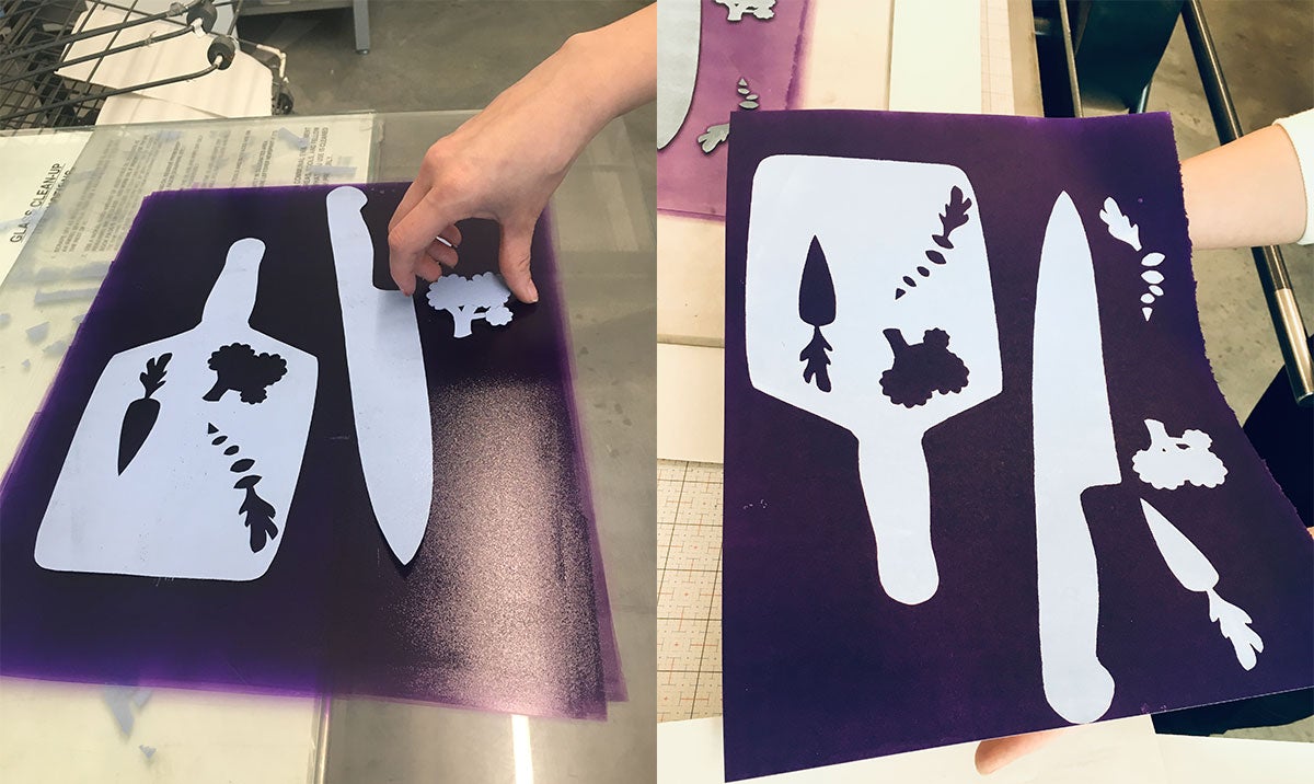 photo of student engaged in printmaking and photo of the final art piece