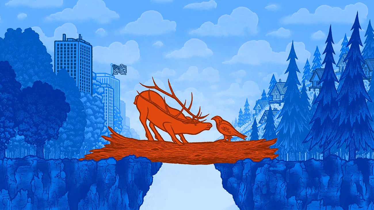 illustration of elk and bald eagle greeting each other across a divide
