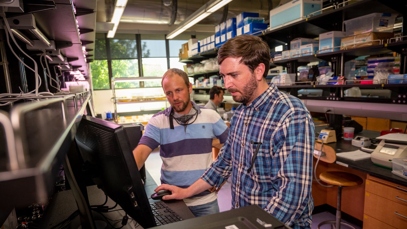 Two researchers in lab look at computer