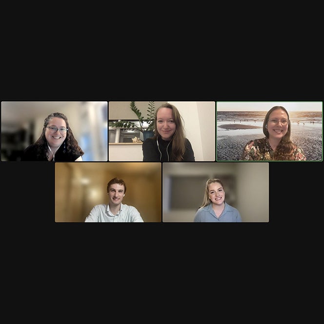 Photo of the Boise State open education resource team from Left (top row): Shannon Smith, Tiffany MacLennan, Amber Hoye, (bottom row) Graf Kirk, Hallie Babb